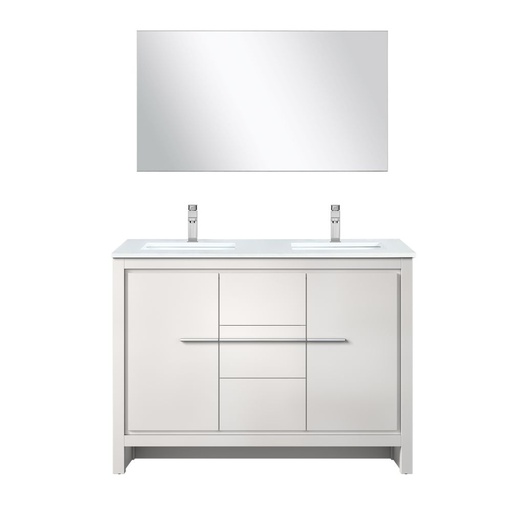 [LVLF48DW311] Lafarre 48 in W x 20 in. D White Double Bath Vanity, Cultured Marble Top, Gun Metal Faucet Set and 43 in Mirror