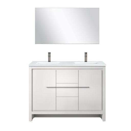 [LVLF48DW313] Lafarre 48 in W x 20 in. D White Double Bath Vanity, Cultured Marble Top, Chrome Faucet Set and 43 in Mirror