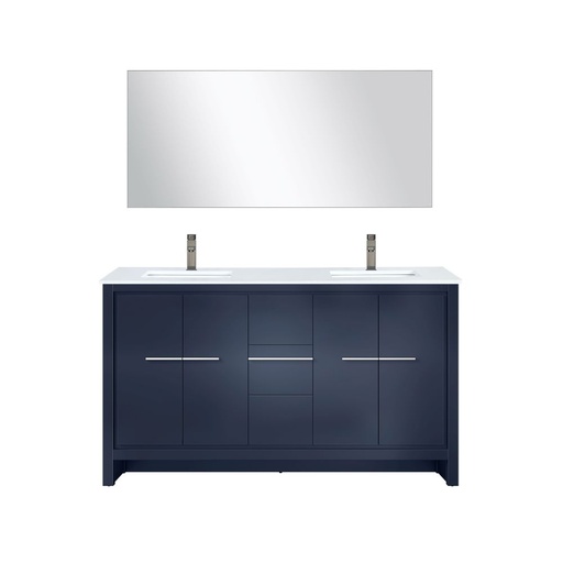 [LVLF60DNB213] Lafarre 60 in W x 20 in. D Navy Blue Double Bath Vanity, White Quartz Top, Chrome Faucet Set and 55 in Mirror