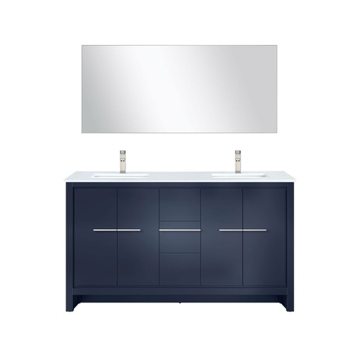 [LVLF60DNB312] Lafarre 60 in W x 20 in. D Navy Blue Double Bath Vanity, Cultured Marble Top, Brushed Nickel Faucet Set and 55 in Mirror