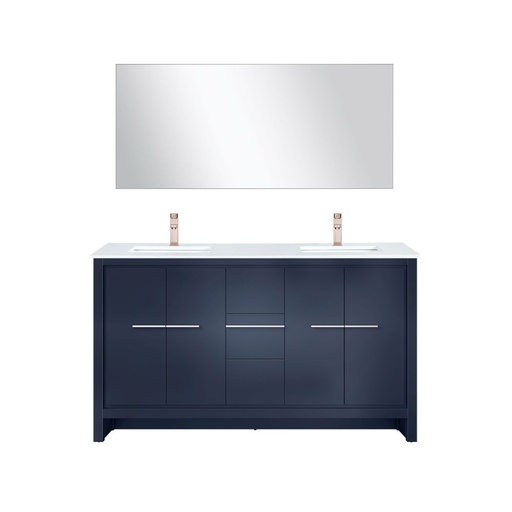 [LVLF60DNB314] Lafarre 60 in W x 20 in. D Navy Blue Double Bath Vanity, Cultured Marble Top, Rose Gold Faucet Set and 55 in Mirror