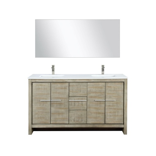 [LVLF60DRA312] Lafarre 60 in W x 20 in. D Rustic Acacia Double Bath Vanity, Cultured Marble Top, Brushed Nickel Faucet Set and 55 in Mirror