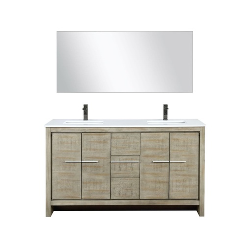 [LVLF60DRA313] Lafarre 60 in W x 20 in. D Rustic Acacia Double Bath Vanity, Cultured Marble Top, Gun Metal Faucet Set and 55 in Mirror