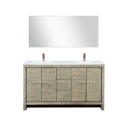 [LVLF60DRA314] Lafarre 60 in W x 20 in. D Rustic Acacia Double Bath Vanity, Cultured Marble Top, Rose Gold Faucet Set and 55 in Mirror