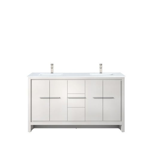 [LVLF60DW202] Lafarre 60 in W x 20 in. D White Double Bath Vanity, White Quartz Top and Brushed Nickel Faucet Set