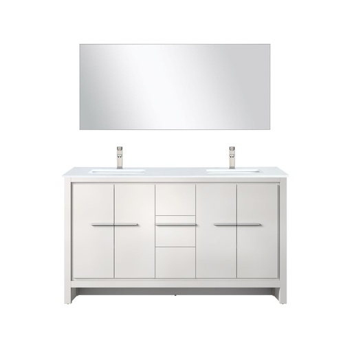 [LVLF60DW212] Lafarre 60 in W x 20 in. D White Double Bath Vanity, White Quartz Top, Brushed Nickel Faucet Set and 55 in Mirror
