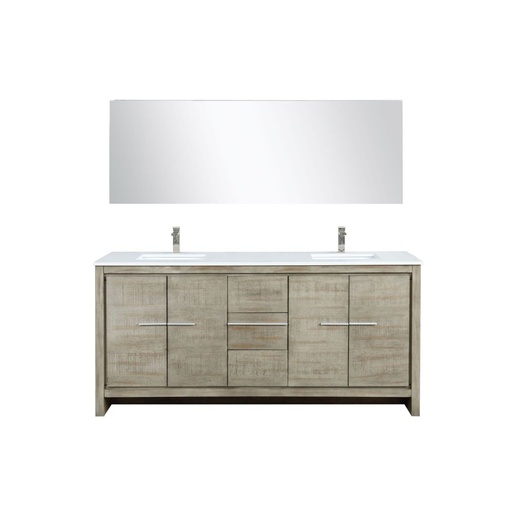 [LVLF72DRA312] Lafarre 72 in W x 20 in. D Rustic Acacia Double Bath Vanity, Cultured Marble Top, Brushed Nickel Faucet Set and 70 in Mirror