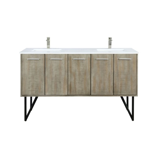 [LVLY60DRA302] Lancy 60 in W x 20 in. D Rustic Acacia Double Bath Vanity, Cultured Marble Top and Brushed Nickel Faucet Set
