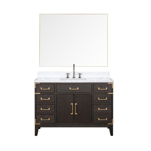[LVL48SK111] Laurel 48 in W x 22 in. D Brown Oak Single Bath Vanity, Carrara Marble Top, Faucet Set, and 46 in Mirror