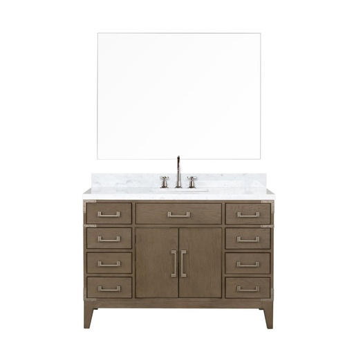 [LVL48SR111] Laurel 48 in W x 22 in. D Grey Oak Single Bath Vanity, Carrara Marble Top, Faucet Set, and 46 in Mirror