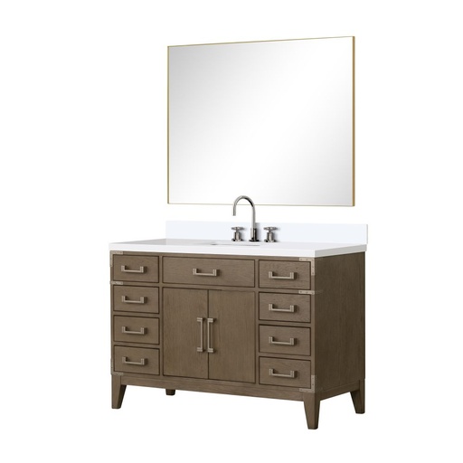 [LVL48SR211] Laurel 48 in W x 22 in. D Grey Oak Single Bath Vanity, White Quartz Top, Faucet Set, and 46 in Mirror