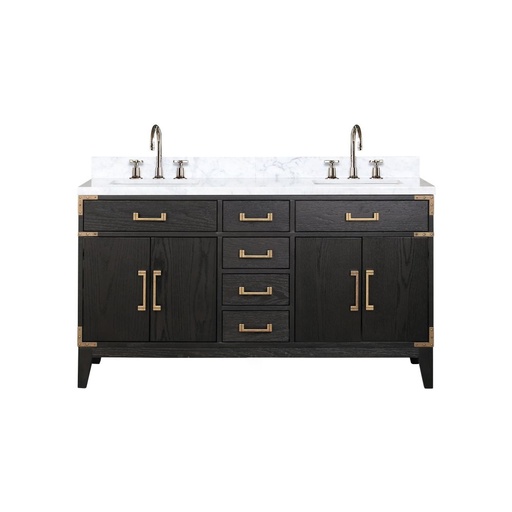 [LVL60DJ101] Laurel 60 in W x 22 in. D Black Oak Double Bath Vanity, Carrara Marble Top, and Faucet Set