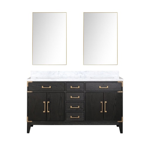 [LVL60DJ110] Laurel 60 in W x 22 in. D Black Oak Double Bath Vanity, Carrara Marble Top, and 28 in Mirrors