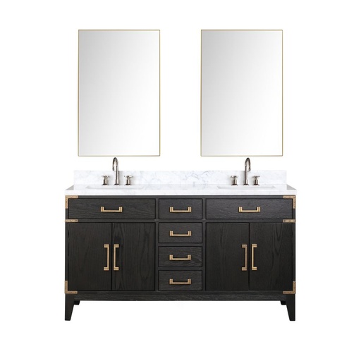 [LVL60DJ111] Laurel 60 in W x 22 in. D Black Oak Double Bath Vanity, Carrara Marble Top, Faucet Set, and 28 in Mirrors