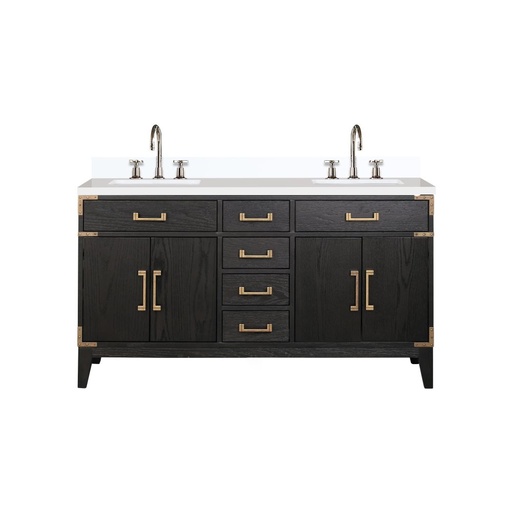 [LVL60DJ201] Laurel 60 in W x 22 in. D Black Oak Double Bath Vanity, White Quartz Top, and Faucet Set