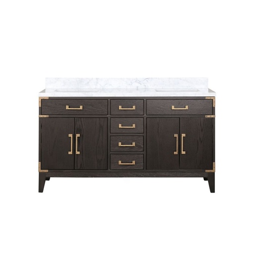 [LVL60DK100] Laurel 60 in W x 22 in. D Brown Oak Double Bath Vanity and Carrara Marble Top