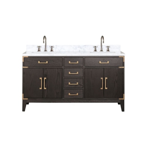 [LVL60DK101] Laurel 60 in W x 22 in. D Brown Oak Double Bath Vanity, Carrara Marble Top, and Faucet Set