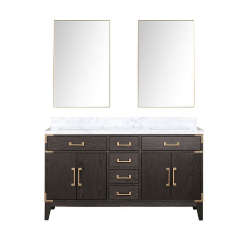 [LVL60DK110] Laurel 60 in W x 22 in. D Brown Oak Double Bath Vanity, Carrara Marble Top, and 28 in Mirrors