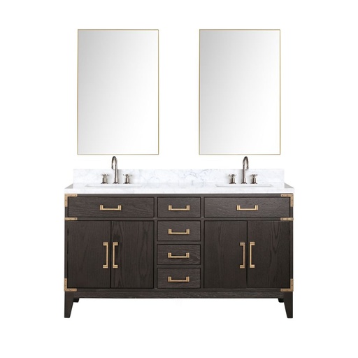 [LVL60DK111] Laurel 60 in W x 22 in. D Brown Oak Double Bath Vanity, Carrara Marble Top, Faucet Set, and 28 in Mirrors