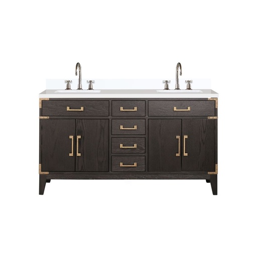 [LVL60DK201] Laurel 60 in W x 22 in. D Brown Oak Double Bath Vanity, White Quartz Top, and Faucet Set