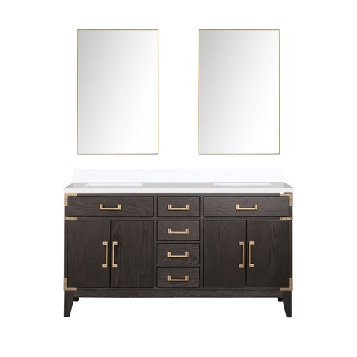 [LVL60DK210] Laurel 60 in W x 22 in. D Brown Oak Double Bath Vanity, White Quartz Top, and 28 in Mirrors