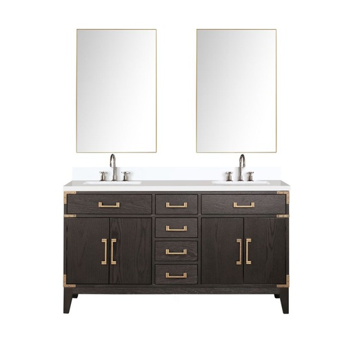 [LVL60DK311] Laurel 60 in W x 22 in. D Brown Oak Double Bath Vanity, Cultured Marble Top, Faucet Set, and 28 in Mirrors