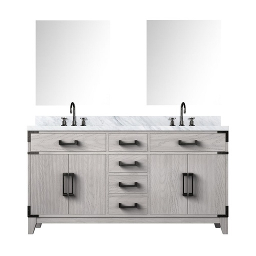 [LVL60DM111] Laurel 60 in W x 22 in. D White Oak Double Bath Vanity, Carrara Marble Top, Faucet Set, and 28 in Mirrors