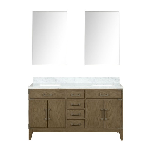 [LVL60DR110] Laurel 60 in W x 22 in. D Grey Oak Double Bath Vanity, Carrara Marble Top, and 28 in Mirrors