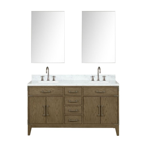 [LVL60DR111] Laurel 60 in W x 22 in. D Grey Oak Double Bath Vanity, Carrara Marble Top, Faucet Set, and 28 in Mirrors
