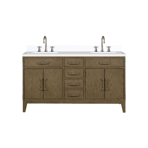 [LVL60DR201] Laurel 60 in W x 22 in. D Grey Oak Double Bath Vanity, White Quartz Top, and Faucet Set