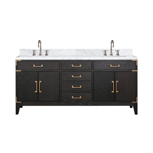 [LVL72DJ101] Laurel 72 in W x 22 in. D Black Oak Double Bath Vanity, Carrara Marble Top, and Faucet Set