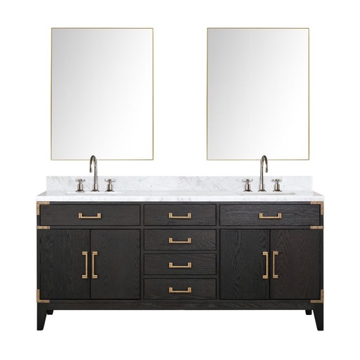 [LVL72DJ111] Laurel 72 in W x 22 in. D Black Oak Double Bath Vanity, Carrara Marble Top, Faucet Set, and 34 in Mirrors