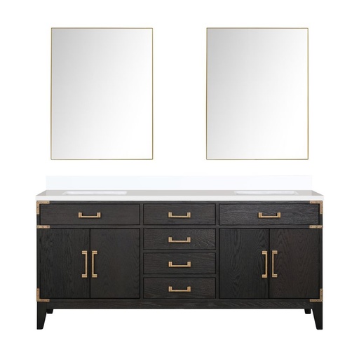 [LVL72DJ210] Laurel 72 in W x 22 in. D Black Oak Double Bath Vanity, White Quartz Top, and 34 in Mirrors