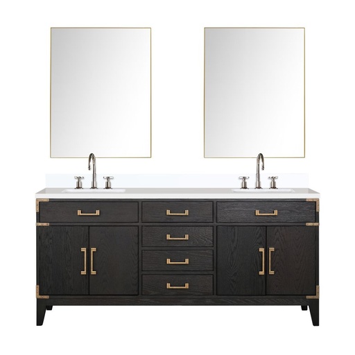 [LVL72DJ211] Laurel 72 in W x 22 in. D Black Oak Double Bath Vanity, White Quartz Top, Faucet Set, and 34 in Mirrors