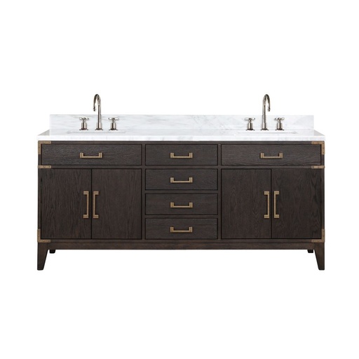 [LVL72DK101] Laurel 72 in W x 22 in. D Brown Oak Double Bath Vanity, Carrara Marble Top, and Faucet Set