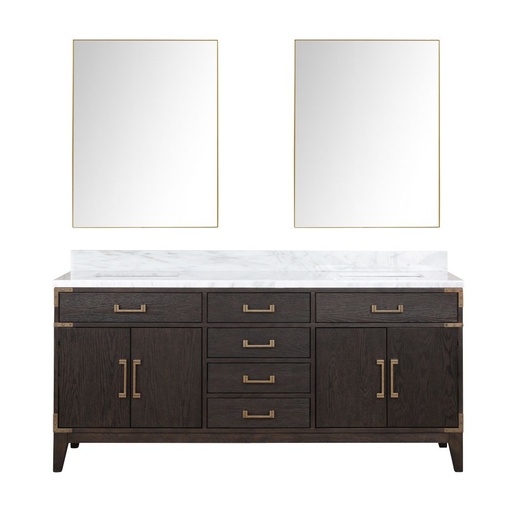 [LVL72DK110] Laurel 72 in W x 22 in. D Brown Oak Double Bath Vanity, Carrara Marble Top, and 34 in Mirrors
