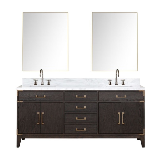 [LVL72DK111] Laurel 72 in W x 22 in. D Brown Oak Double Bath Vanity, Carrara Marble Top, Faucet Set, and 34 in Mirrors