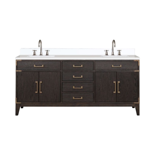 [LVL72DK201] Laurel 72 in W x 22 in. D Brown Oak Double Bath Vanity, White Quartz Top, and Faucet Set