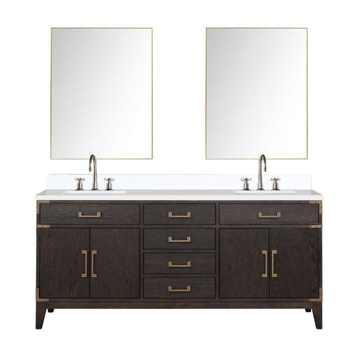 [LVL72DK311] Laurel 72 in W x 22 in. D Brown Oak Double Bath Vanity, Cultured Marble Top, Faucet Set, and 34 in Mirrors