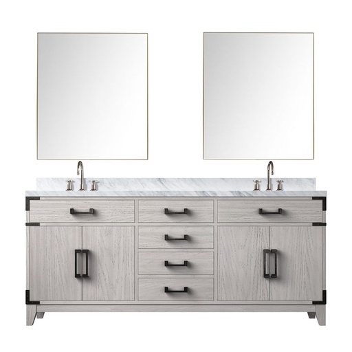 [LVL72DM111] Laurel 72 in W x 22 in. D White Oak Double Bath Vanity, Carrara Marble Top, Faucet Set, and 34 in Mirrors