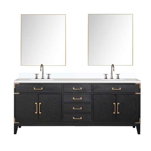 [LVL80DJ211] Laurel 80 in W x 22 in. D Black Oak Double Bath Vanity, White Quartz Top, Faucet Set, and 36 in Mirrors