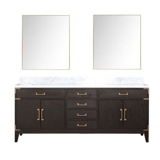 [LVL80DK110] Laurel 80 in W x 22 in. D Brown Oak Double Bath Vanity, Carrara Marble Top, and 36 in Mirrors