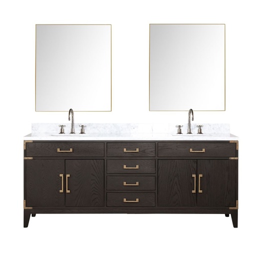 [LVL80DK111] Laurel 80 in W x 22 in. D Brown Oak Double Bath Vanity, Carrara Marble Top, Faucet Set, and 36 in Mirrors