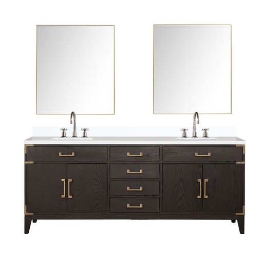 [LVL80DK211] Laurel 80 in W x 22 in. D Brown Oak Double Bath Vanity, White Quartz Top, Faucet Set, and 36 in Mirrors