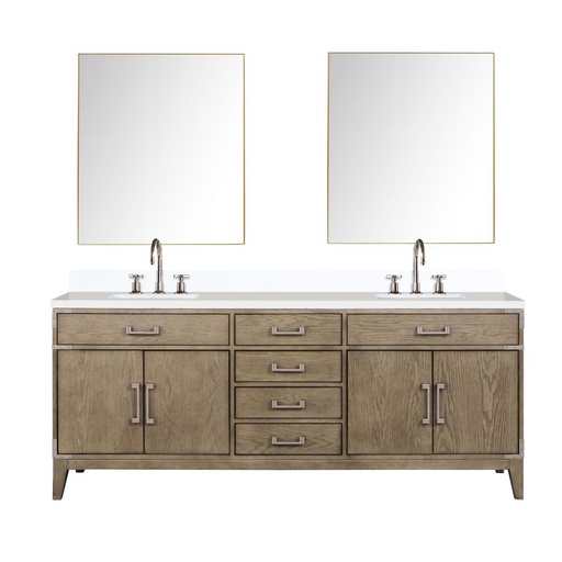 [LVL80DR211] Laurel 80 in W x 22 in. D Grey Oak Double Bath Vanity, White Quartz Top, Faucet Set, and 36 in Mirrors