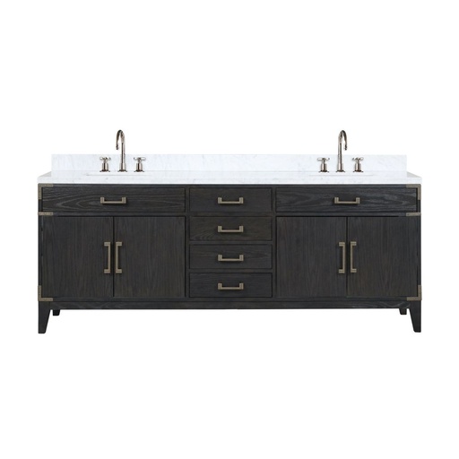 [LVL84DJ101] Laurel 84 in W x 22 in. D Black Oak Double Bath Vanity, Carrara Marble Top, and Faucet Set