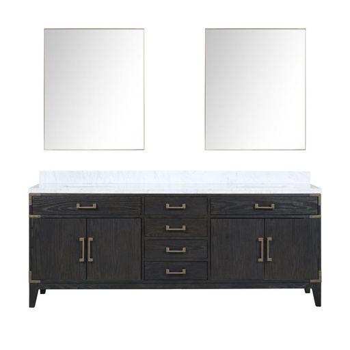 [LVL84DJ110] Laurel 84 in W x 22 in. D Black Oak Double Bath Vanity, Carrara Marble Top, and 36 in Mirrors
