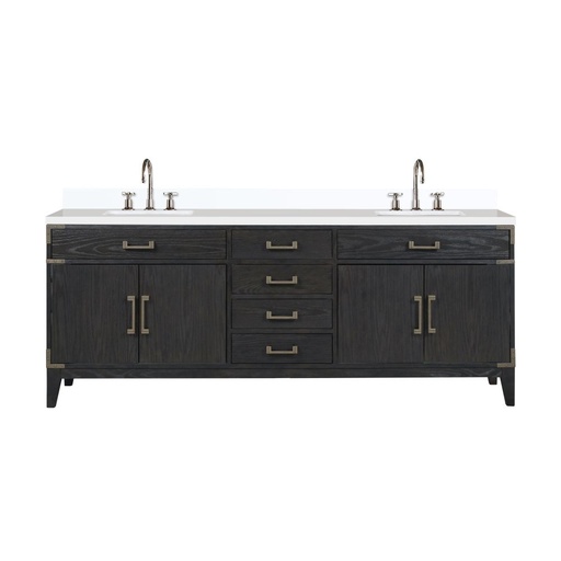 [LVL84DJ201] Laurel 84 in W x 22 in. D Black Oak Double Bath Vanity, White Quartz Top, and Faucet Set
