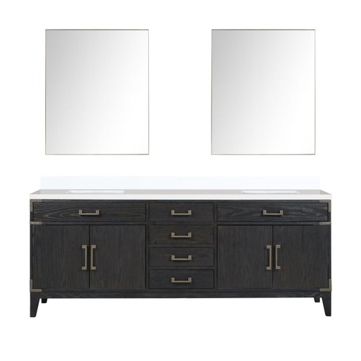 [LVL84DJ210] Laurel 84 in W x 22 in. D Black Oak Double Bath Vanity, White Quartz Top, and 36 in Mirrors