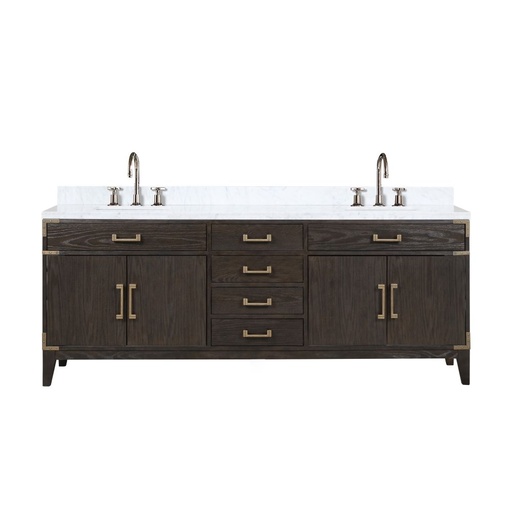 [LVL84DK101] Laurel 84 in W x 22 in. D Brown Oak Double Bath Vanity, Carrara Marble Top, and Faucet Set